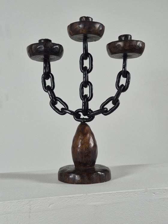 Candeliere vintage in stile brutalista spagnolo a tre fiamme con decorazione a catena. – Portacandele, Metal (photo 8 of 13)