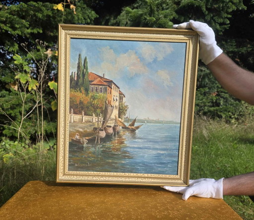 Pintura al óleo impresionista italiana original – Porto di Milano