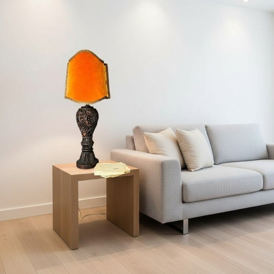 Image 1 of Large Portuguese Carved Wood Half Shade Buffet Table Lamp