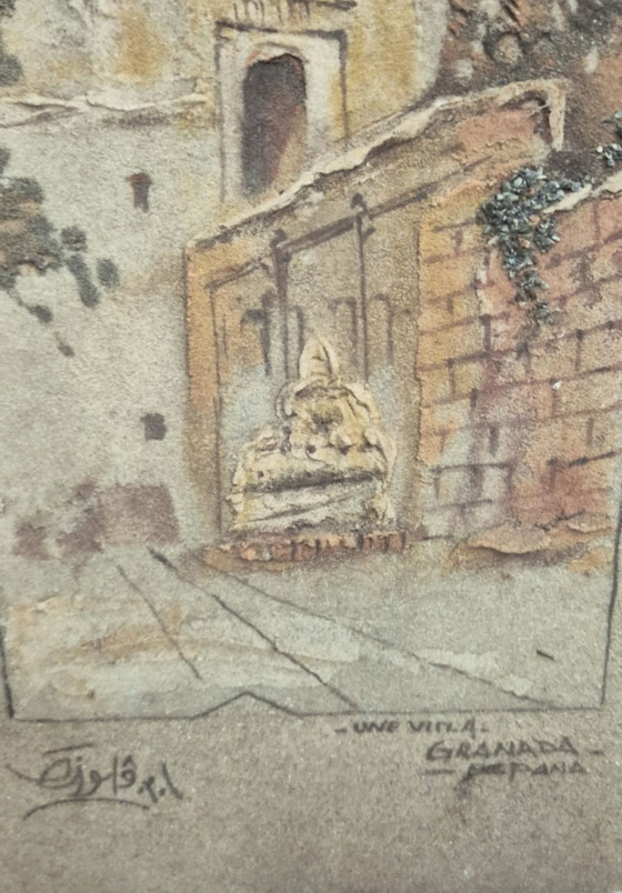 Tableau vintage en relief sur bois, Une Villa, Granada, España, Signé, Cadres, Beige (photo 5 sur 6)