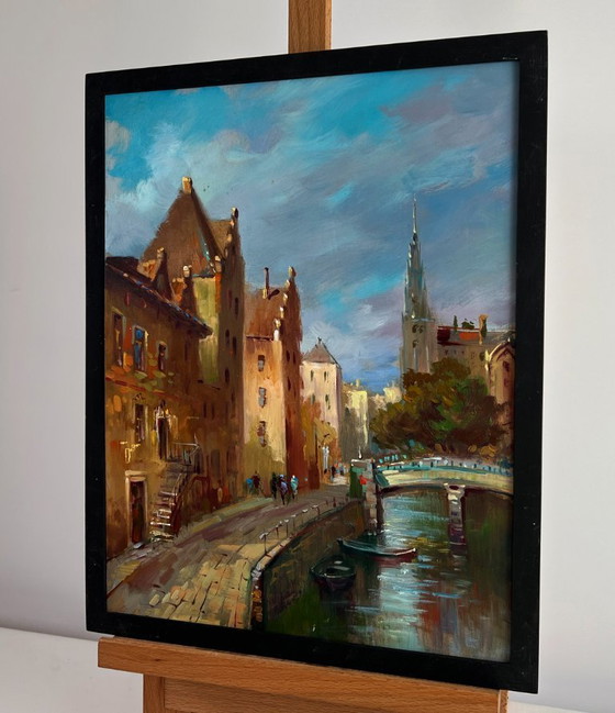 Image 1 of Original Oil Painting City River Landscape Old street of Venice