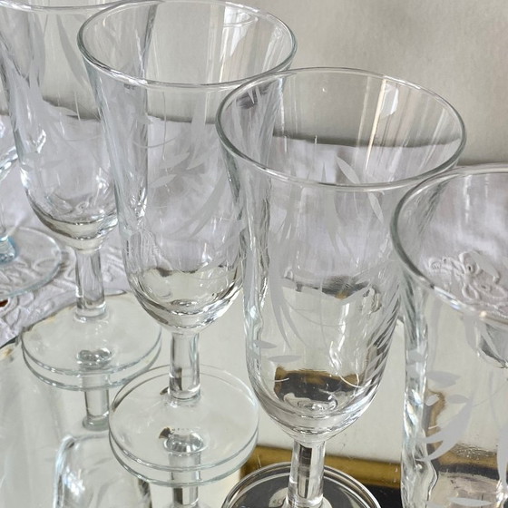 Image 1 of 6 Antique Engraved Glass Champagne Flutes