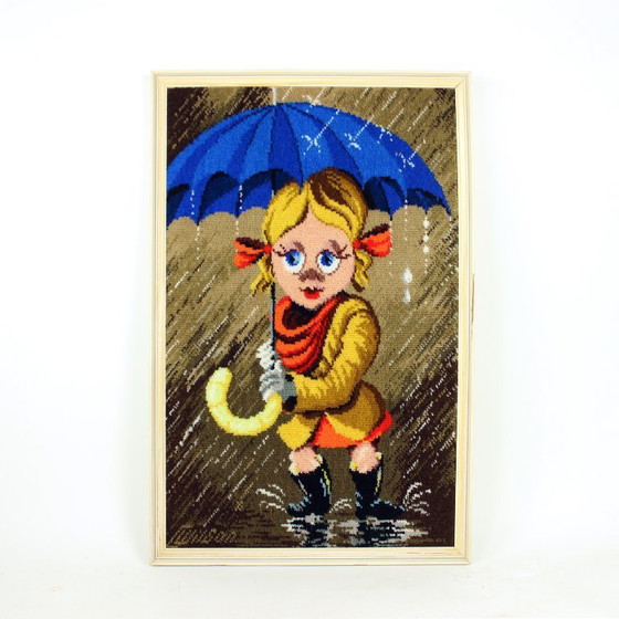 Image 1 of Large Vintage Tapestry Of Cartoon Girl In Frame, Czechoslovakia 1970s