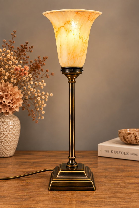 Set di 2 Lampade da tavolo Vintage – Paralumi in Vetro Marmorizzato – Effetto Ottone – Glass, Brass (photo 2 of 5)
