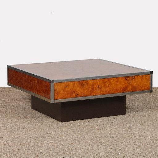 Square coffee table in burl wood in the style of Willy Rizzo, 1970