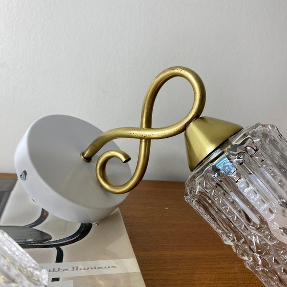 Image 1 of Coppia di applique a collo d'oca in ottone con paralumi a tulipano in vetro trasparente