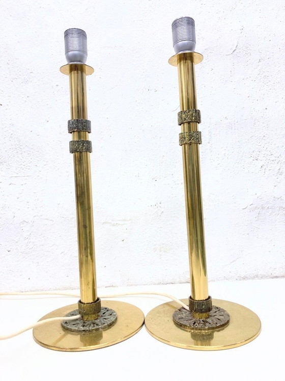 Image 1 of 2 brass table lamps from the 1970s, brutalist design