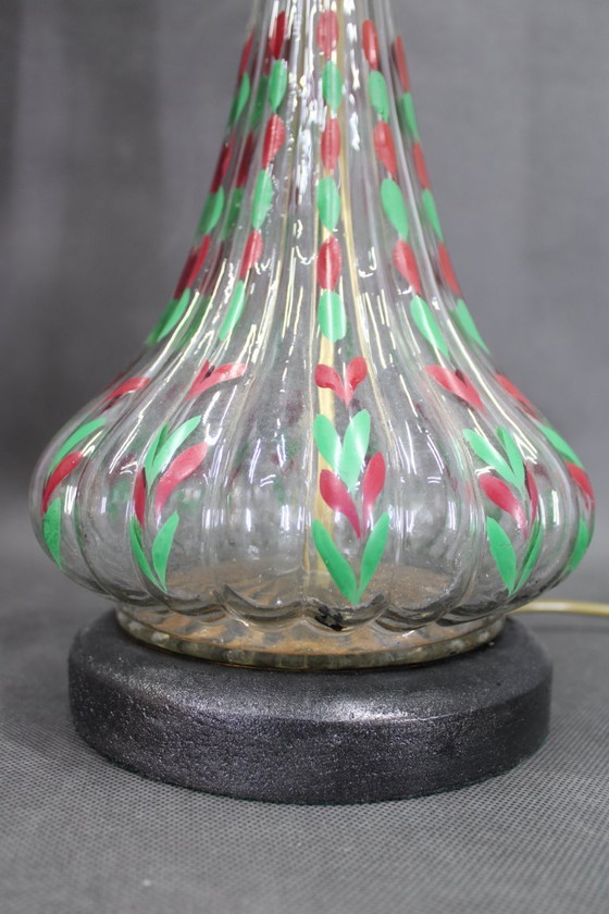 Image 1 of Paire de lampes de table en verre peintes à la main avec abat-jour en tissu neuf, Tchécoslovaquie, années 1960