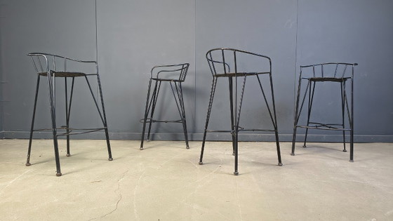 Image 1 of Tabourets de bar vintage en fer forgé et rotin, lot de 4 - années 1970