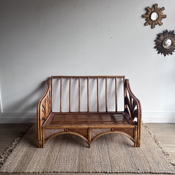 Image 1 of Lounge-Set mit Palmenblattmotiv, Sofa, 2 Sesseln und Tisch, Mid-Century-Stil