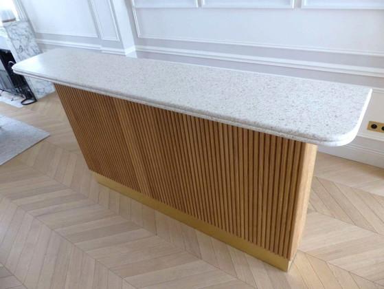 Image 1 of Moderne Bar aus massiver Eiche und doppelter Terrazzo-Arbeitsplatte – Einzigartiges Stück