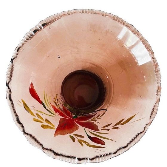 Image 1 of Jarrón Artdeco de cristal rosa con flores pintadas a mano Años 30