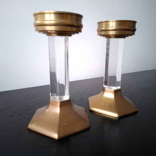 2x vintage kandelaar jaren 60/70 lucite/messing