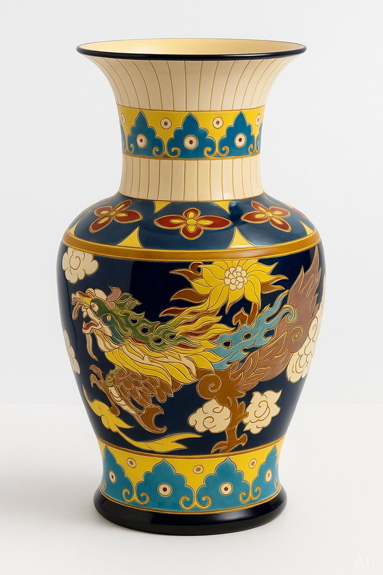 Image 1 of Grande vaso vintage in stile cloisonné - dipinto a mano - 50 cm - ottimo in