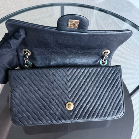 Image 1 of Chanel Seasonal Flap Medium - 25CM Surpique CC Herringbone Medallion Flap Chevron Goatskin Black Gold Hardware