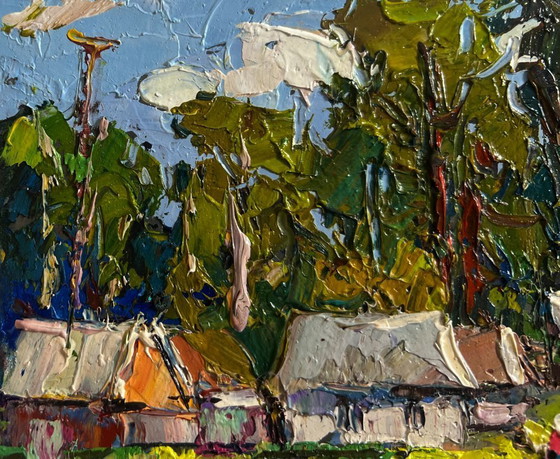 Image 1 of Original Oil Painting Summer Houses Landscape On the edge of the village