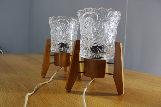 Image 1 of Pair Czech 1970s Wood and Yellow Glass Mid Century Table Lamps