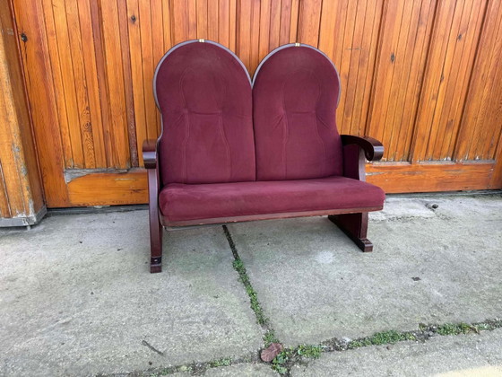 Vintage Art Deco Loveseat with Burgundy Upholstery, 1970 – Wood (photo 5 of 5)