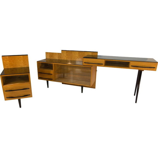 Conjunto de mesa, mesita de noche y cómoda modular vintage de M. Pozar, años 60
