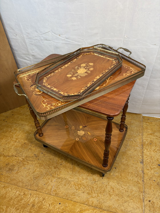 Image 1 of Vintage Italian Inlaid Wood Serving Trolley with Removable Tray Mid-20th Century  A wonderfully elegant piece of mid-century Ita