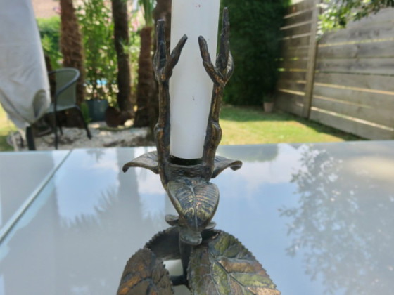 Image 1 of Bronzen kandelaar met bloemenmotief, art nouveau-stijl, Frankrijk, jaren 1930-1940.