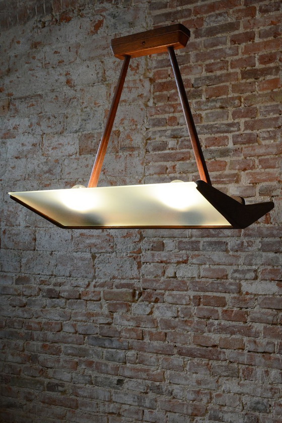 Restored Mid-Century Chandelier, Beech, Milk Glass, Rewired, Czech, 1950s, Pendant lamps, Wood, Brown (photo 2 of 10)