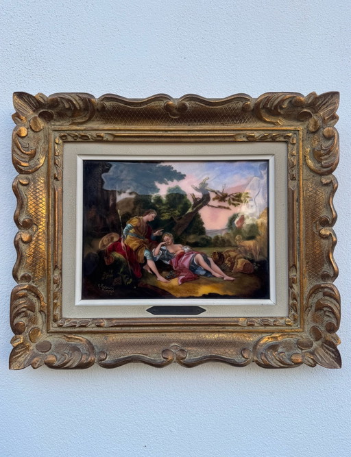 Emaille schilderij Art Limoges R.Restoueix jaren 60