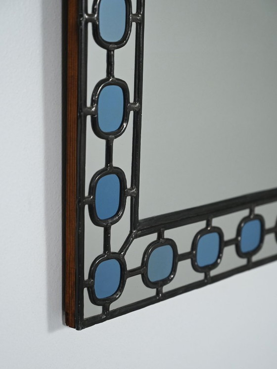 Image 1 of Scandinavian Mirror with light-blue leaded-glass frame