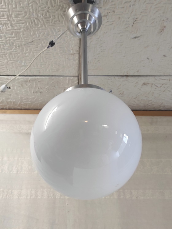 Image 1 of Bauhaus style pendant light in aluminum and opaline globe diam. 25 cm - mid. 20th century 