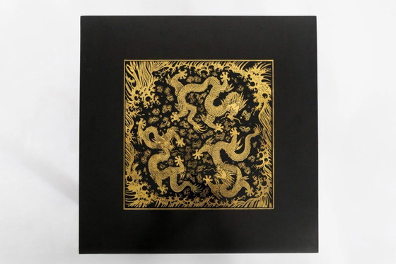 Image 1 of Pair of Chinoiserie Black Lacquer Bedside Tables with Gilded Dragon Engravings, 1980’s