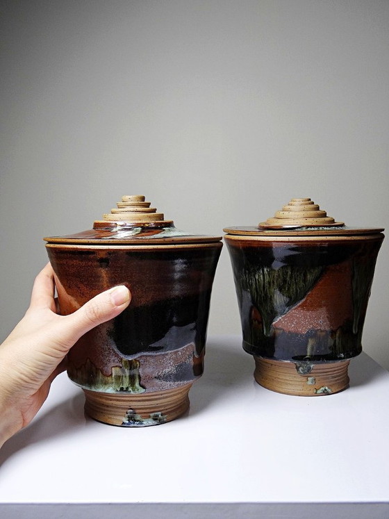Image 1 of Pair of vintage 80s-90s Japanese-style stoneware pots from Studio Poterie, handcrafted and signed