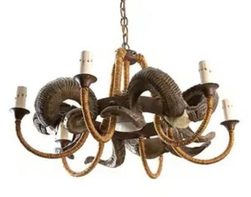 Lámpara de araña vintage de los años 30 con cuernos de asta de carnero de imitación