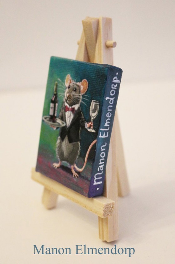 Image 1 of Unique Hand-Painted Small Painting Mouse Waiter Signed