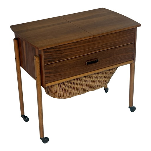 Teak wood - Vintage sewing box / table on casters - Wicker basket - Scandinavian, Denmark, ca. 1960’s