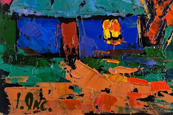 Image 1 of Original Oil Painting Sunset House Landscape When evening falls over the land