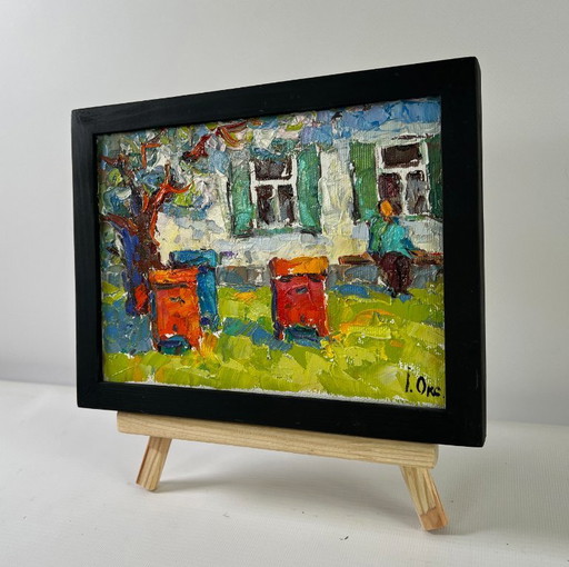 Original Oil Painting Spring House Landscape Backyard moments