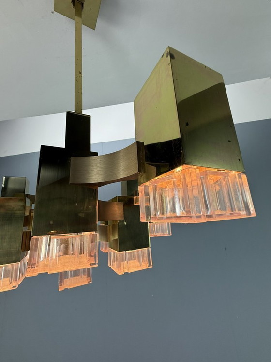 Image 1 of Lustre cubique Sciolari en laiton, édition rare, 17 lumières, Italie des années 1970