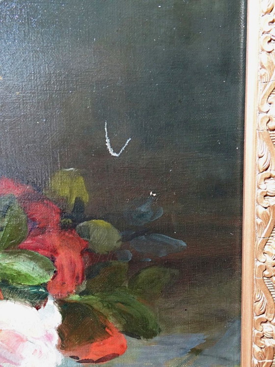 Image 1 of Large antique oil painting on canvas, bouquet of roses, signed, circa 1890-1910