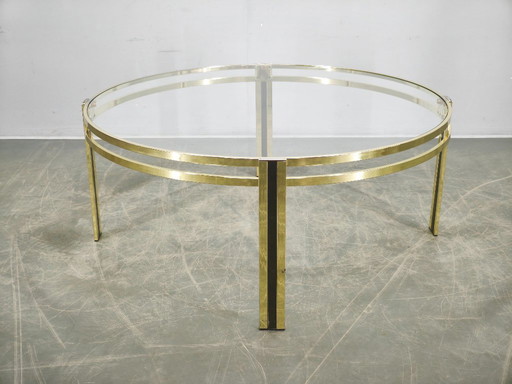 Italian Brass and Glass Round Coffee Table, 1970s