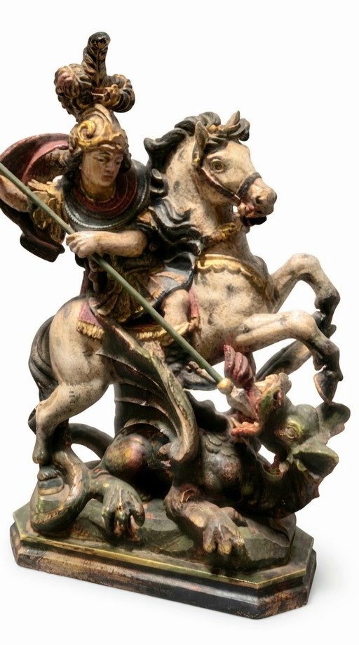 Antieke houtsculptuur Sint Joris te paard – Gröden/Tirol – Demetz-kring – circa 1900