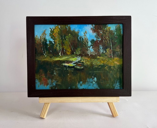 Original Oil Painting Coastal Forest Landscape Flowing among the trees