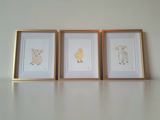 Set of 3 watercolor paintings of baby animals | Includes frames