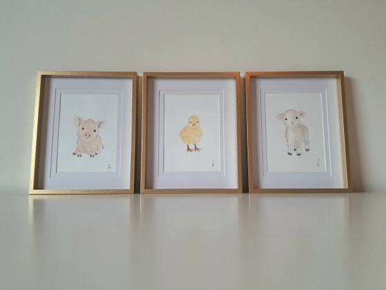 Image 1 of Set of 3 watercolor paintings of baby animals | Includes frames