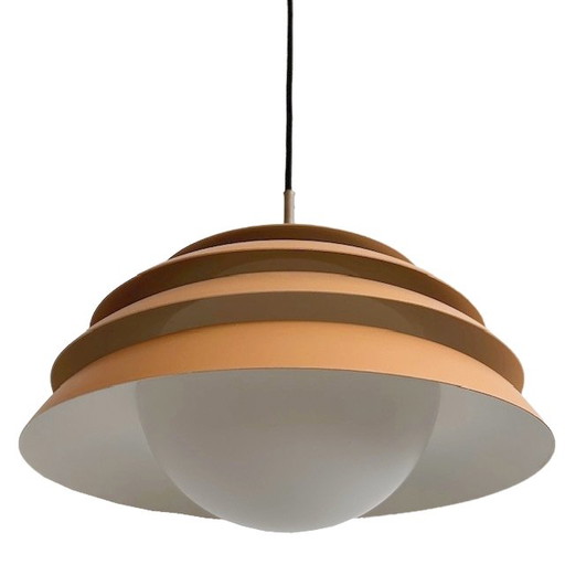 Lampada a sospensione a disco di design danese della metà del secolo scorso, giallo ocra opaco 1960