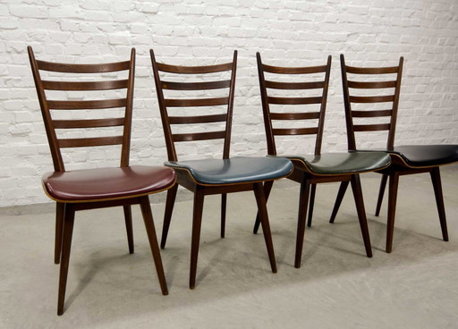 Set van vier 'Quattro Colori' eetkamerstoelen van teakhout en kunstleer