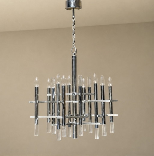 Lustre Gaetano Sciolari en chrome et lucite, style Mid-Century, Italie, vers 1970 — Étiquette d'origine