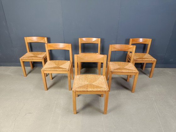 Image 1 of 6er-Set Esszimmerstühle aus Eiche und Geflecht - 1960er Jahre