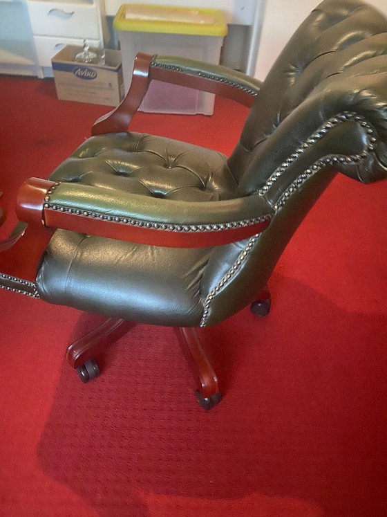 Image 1 of Office chair Antique green leather with wood