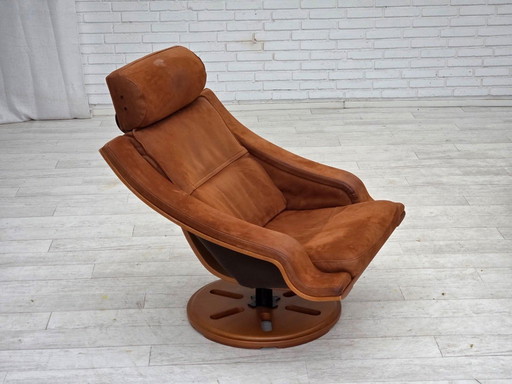 Anni '80, poltrona girevole svedese, pelle nabuk, tela, legno di faggio curvato.
