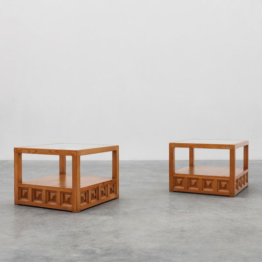 Paire de tables basses carrées Biosca en pin, Espagne, années 1960